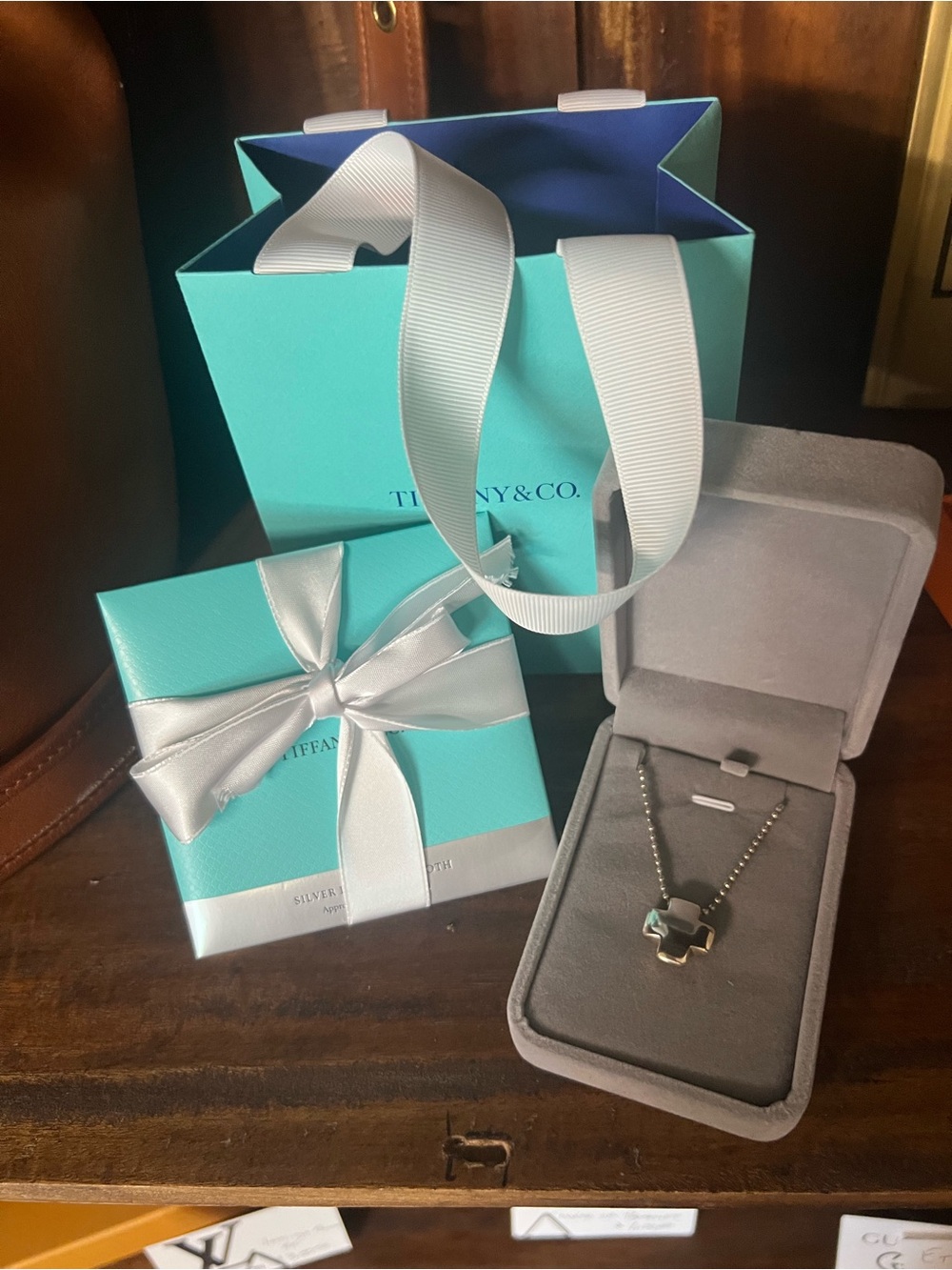 Tiffany & Co. Silver Cross Pendant Necklace w/ Bag and Polishing Cloth